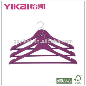 Dark purple wooden shirt hanger with round bar and U notches